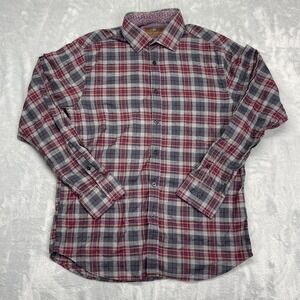 James Tattersall London Shirt Mens‎ L Burgundy Gray Plaid Long Sleeve Button-Up